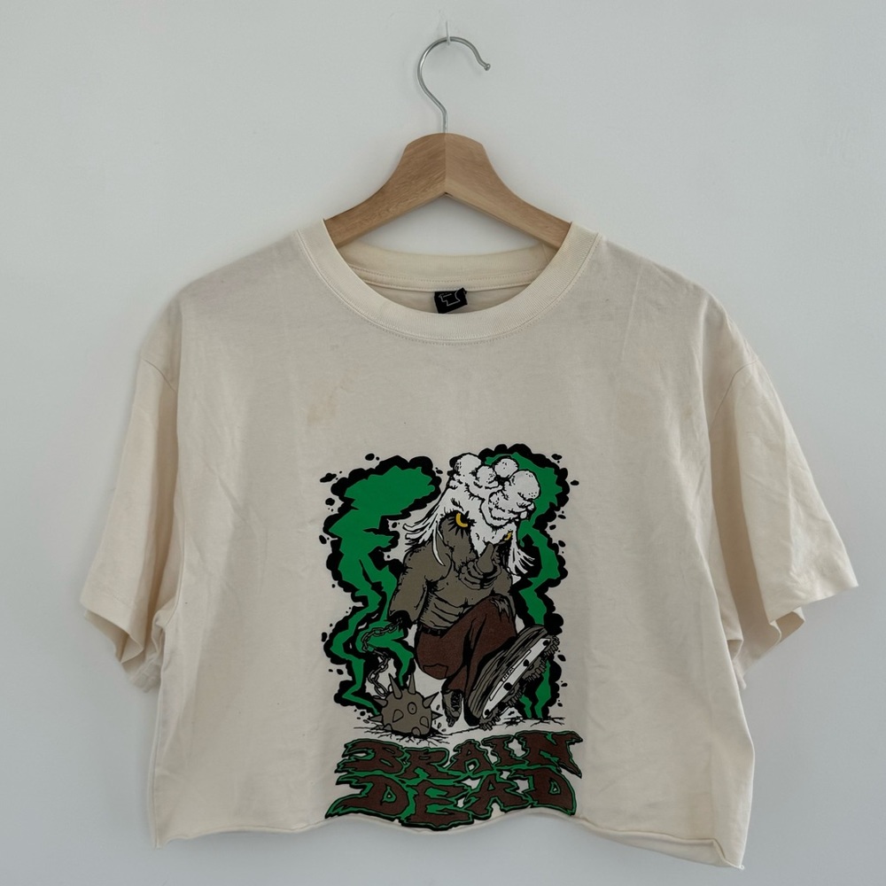 Pre-Owned Brain Dead x Them Skates Natural/Green Cropped Goat Shredder T-Shirt